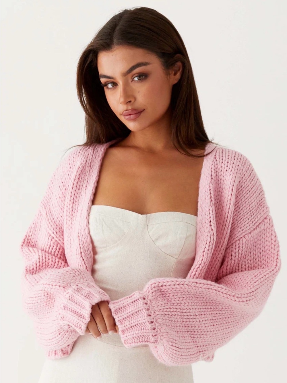 Peppermayo Jasleen Knit Cardigan Pink Chunky Knit Cropped Balloon Sleeve
Sweater